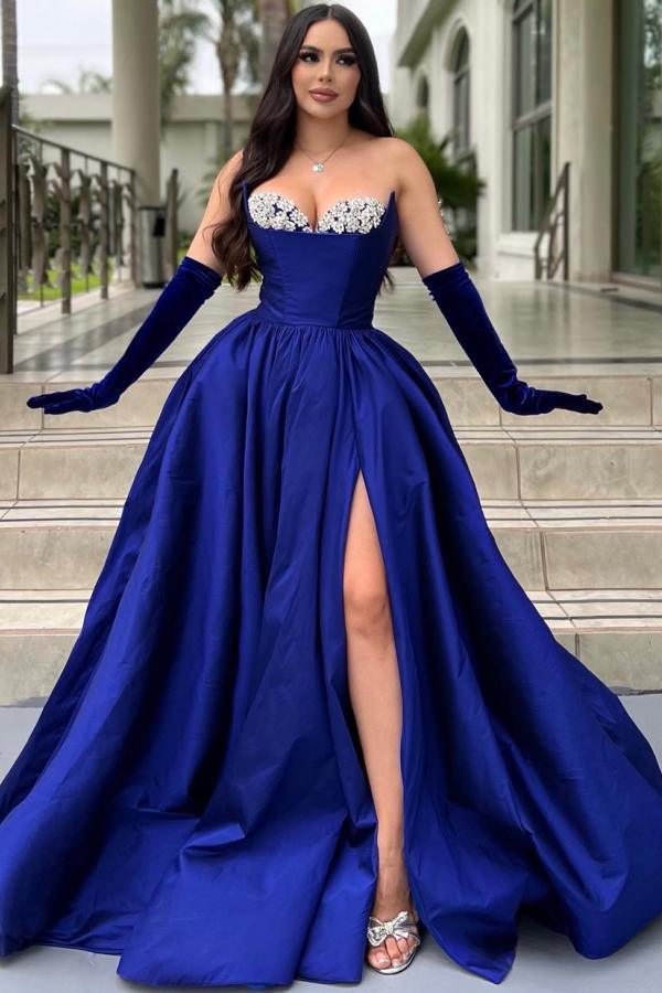 Royal Blue Long A-line Sweetheart Satin Beaded Prom Dresses with Slit