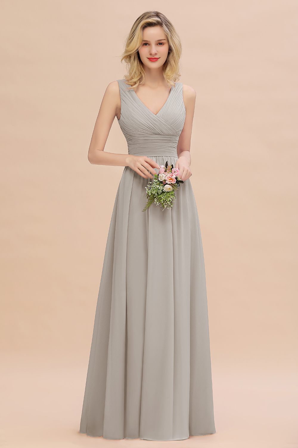 Elegant A-line V-Neck Ruffles Long Bridesmaid Dress