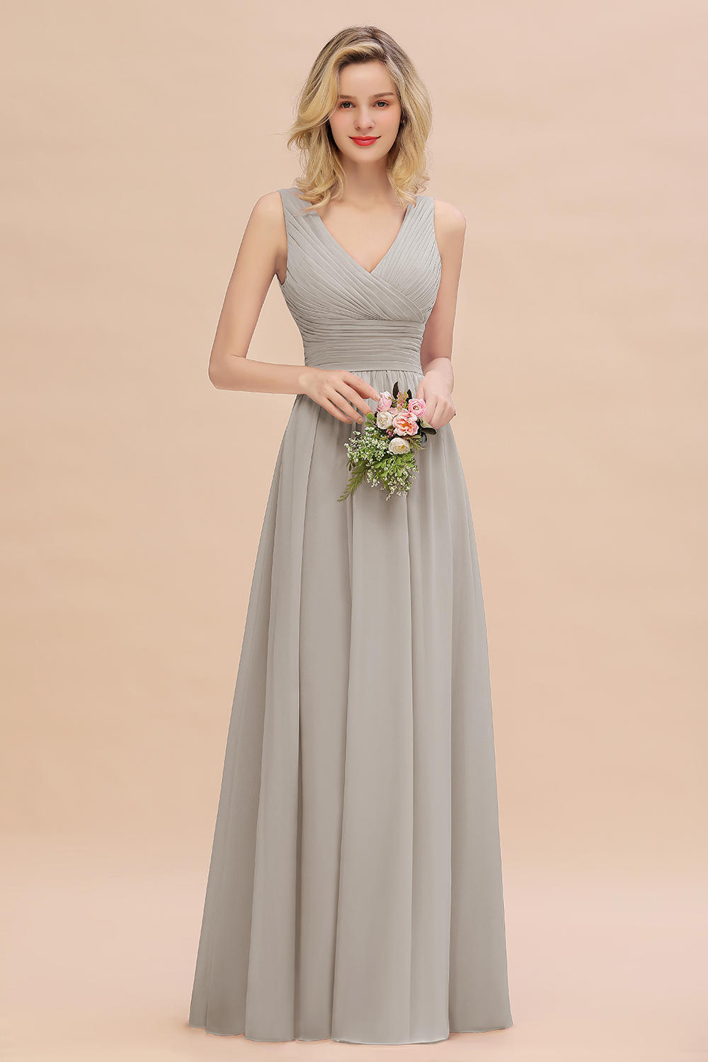 Elegant A-line V-Neck Ruffles Long Bridesmaid Dress