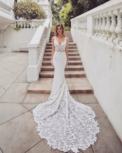 Gorgeous Long Mermaid V-neck Lace Chiffon Wedding Dress  COCOSBRIDE