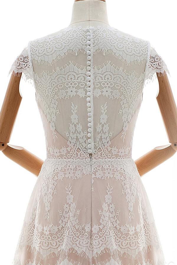 Long Tulle Sleek Cap Sleeves Lace A-line Wedding Dress