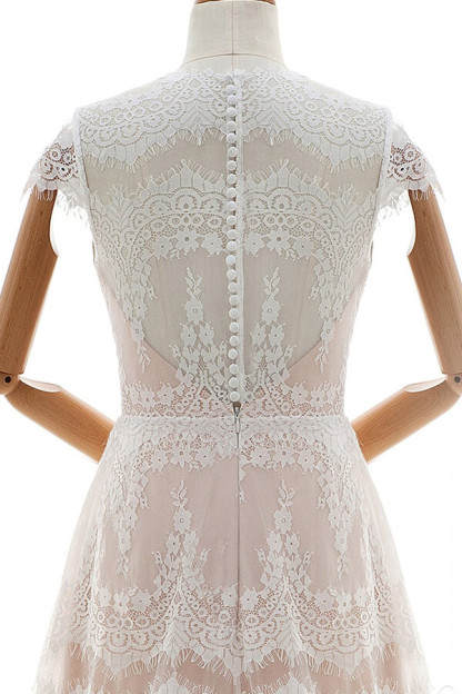 Long Tulle Sleek Cap Sleeves Lace A-line Wedding Dress