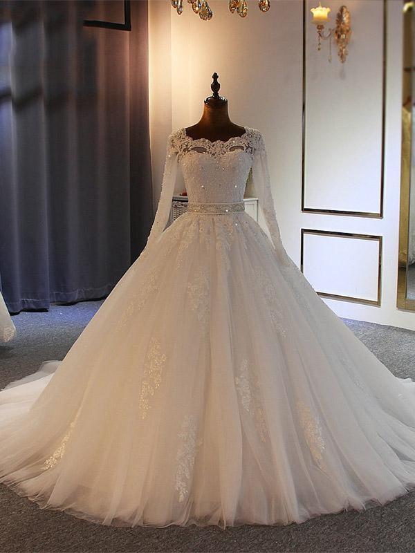 Luxury Long Tulle Lace Bowknot Ball Gown Wedding Dresses with Long Sleeves