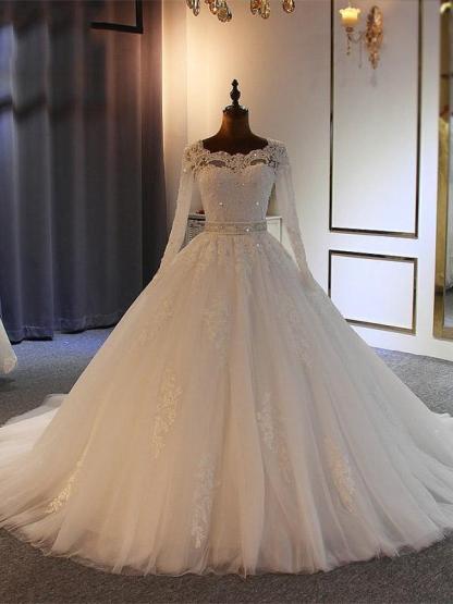 Luxury Long Tulle Lace Bowknot Ball Gown Wedding Dresses with Long Sleeves