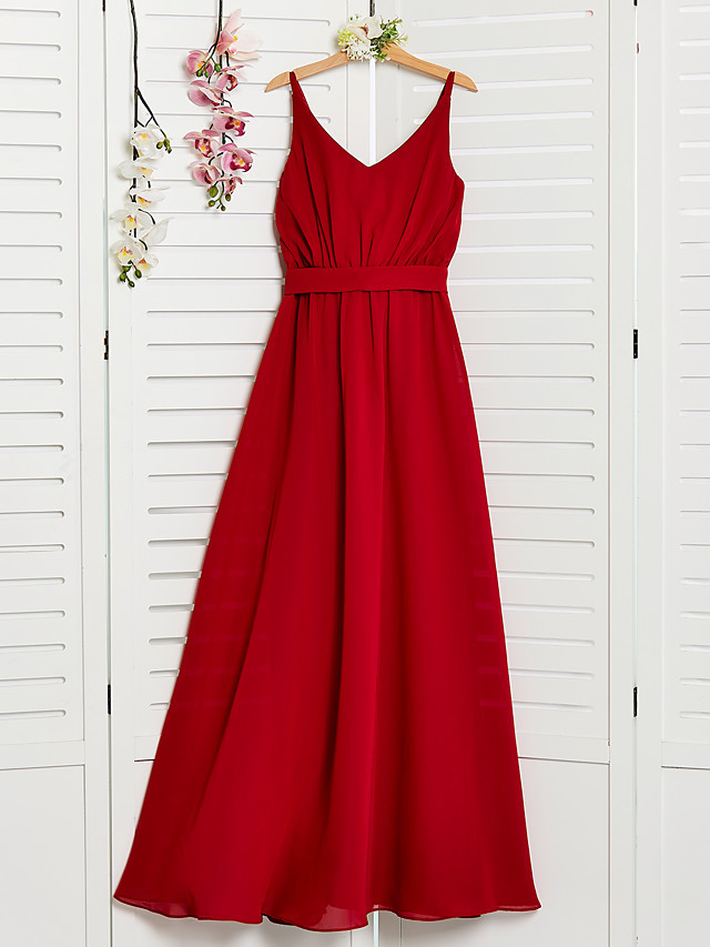 A-Line Spaghetti Strap Floor Length Chiffon Junior Bridesmaid Dress With Sash / Ribbon / Ruching
