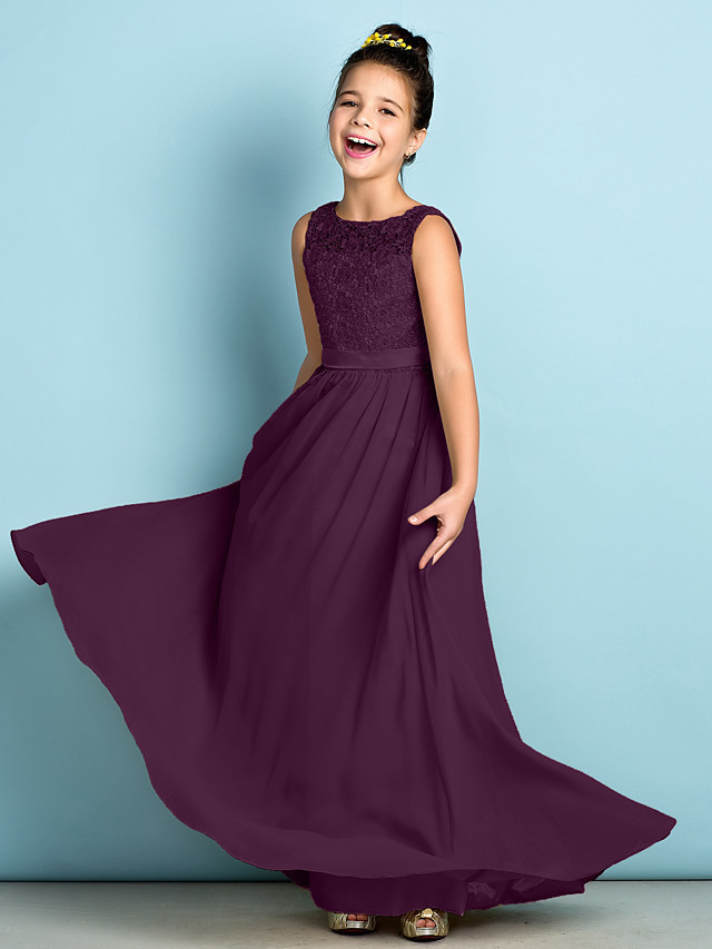 A-Line Scoop Neck Floor Length Chiffon / Lace Junior Bridesmaid Dress With Lace / Natural / Mini Me