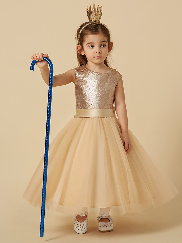 Princess Ankle Length Pageant Flower Girl Dresses - Tulle / Sequined Sleeveless Jewel Neck With Sash / Ribbon / Bow(S)