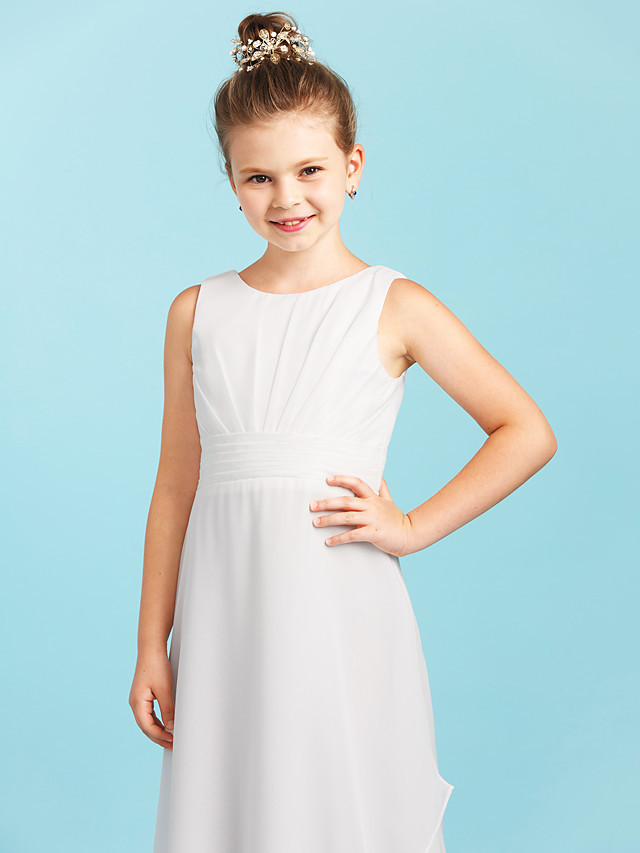 Sheath / Column Jewel Neck Floor Length Chiffon Junior Bridesmaid Dress With Pleats / Ruched / Wedding Party / Open Back