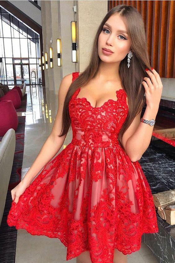 Short A-line Sweetheart Lace Prom Dresses