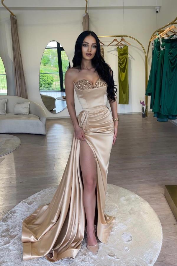Elegant Champagne Long Mermaid Sweetheart Satin Beads Prom Dress with Slit