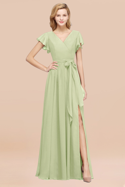 elegant A-line Chiffon V-Neck Short-Sleeves Floor-Length Bridesmaid Dresses with Bow Sash