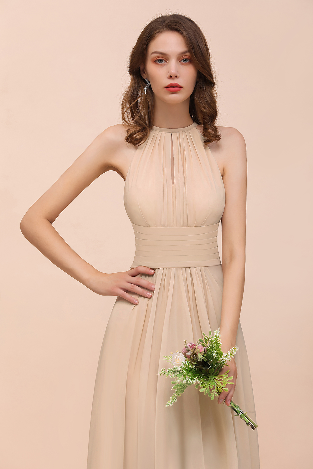 Elegant Long A-Line Jewel Ruffle Chiffon Champagne Bridesmaid Dress