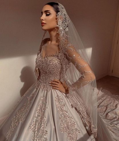 Gorgeous Sweetheart Long Sleeve Beading Satin A-line Wedding Dress