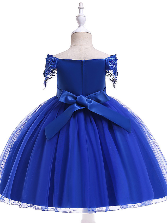 Princess Above Knee Wedding / Party / Pageant Flower Girl Dresses - Satin / Tulle Short Sleeve Off Shoulder With Lace / Beading / Appliques