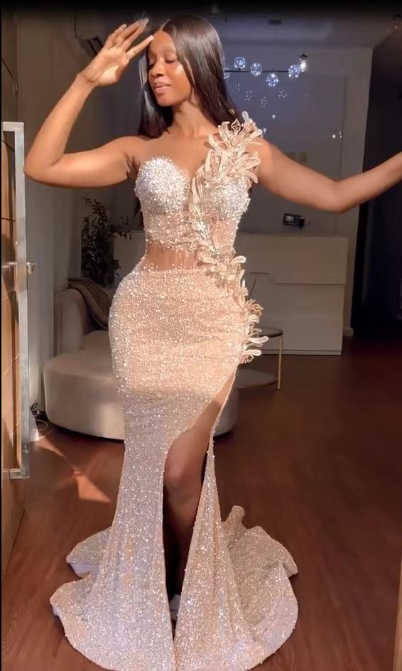 Glamorous Long Mermaid One Shoulder Sleeveless Sequined Formal Prom Dresses with Slit