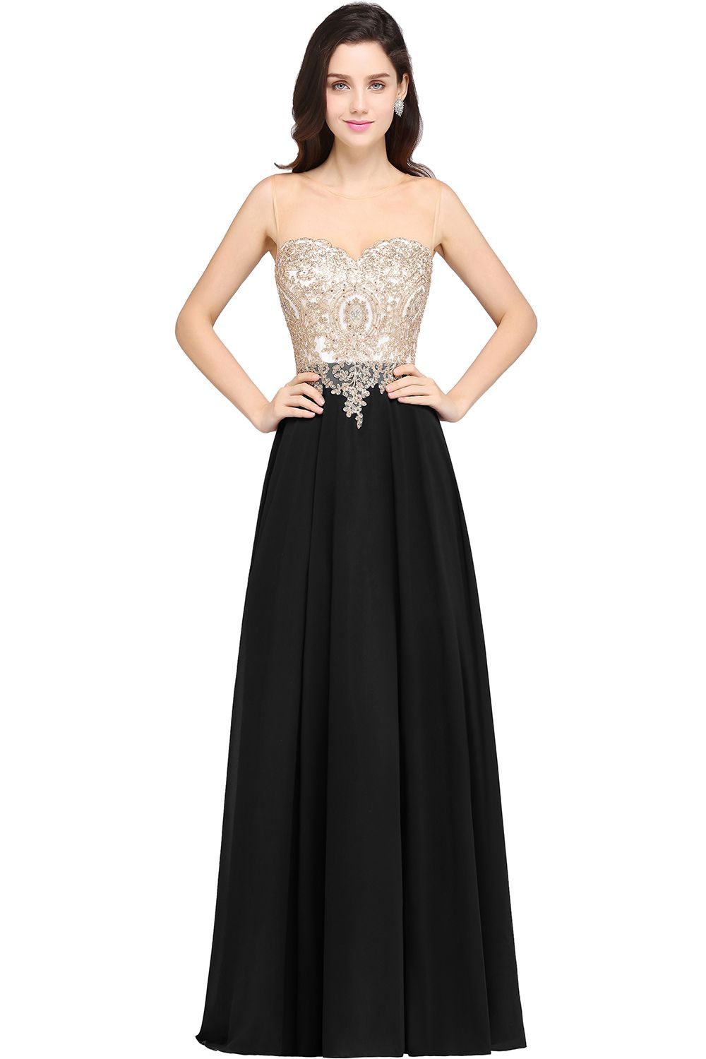A-line Scoop Dark Navy Chiffon Evening Dresses with Appliques