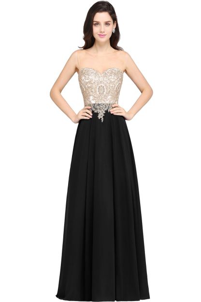 A-line Scoop Dark Navy Chiffon Evening Dresses with Appliques