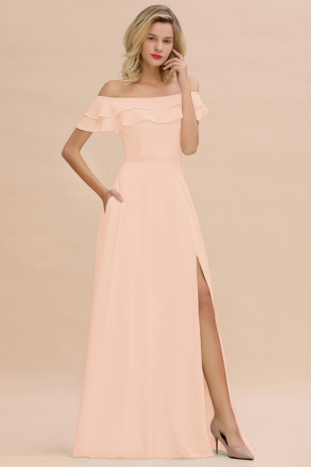 Off-the-Shoulder Front Slit Mint Green Long Bridesmaid Dress