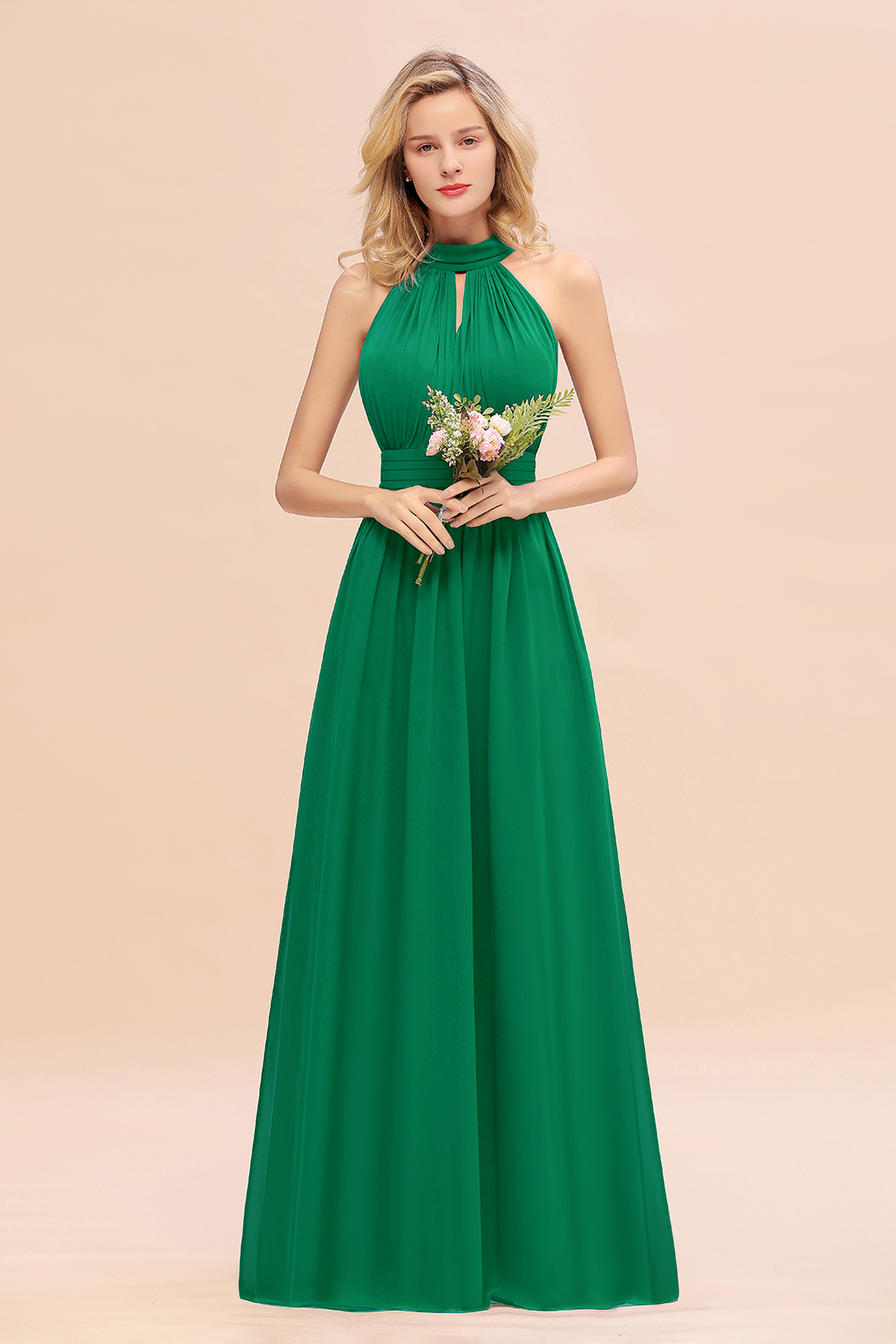 BM0758 Glamorous High-Neck Halter Bridesmaid Affordable Dresses with Ruffle