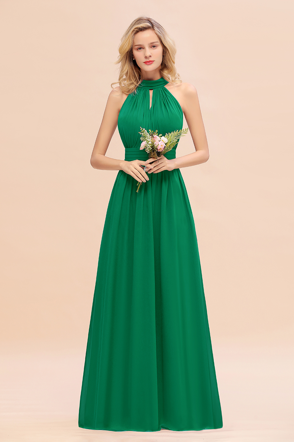 BM0758 Glamorous High-Neck Halter Bridesmaid Affordable Dresses with Ruffle