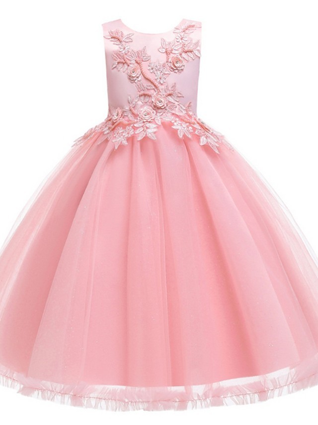 Ball Gown Tulle Sleeveless Jewel Neck Flower Girl Dresses with Appliques Lace