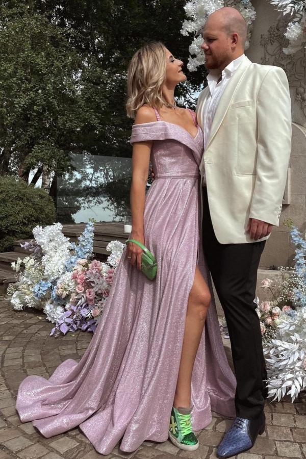 Elegant Long A-line Off the Shoulder Glitter Prom Dress with Slit   COCOSBRIDE