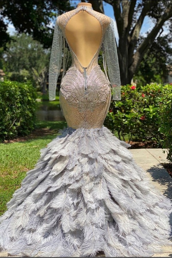 Long Mermaid V-neck Sequined Beading Feather Tulle Prom Dress with Sleeves