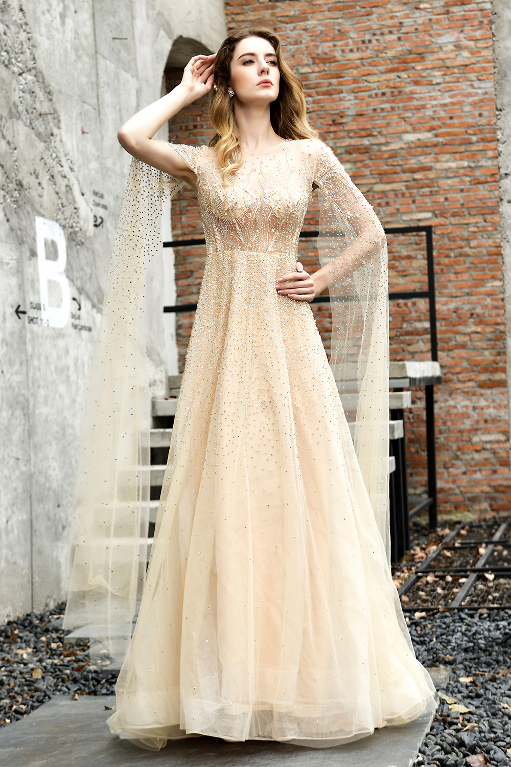 Luxury Shawl Sequined A-line Long Prom Dress