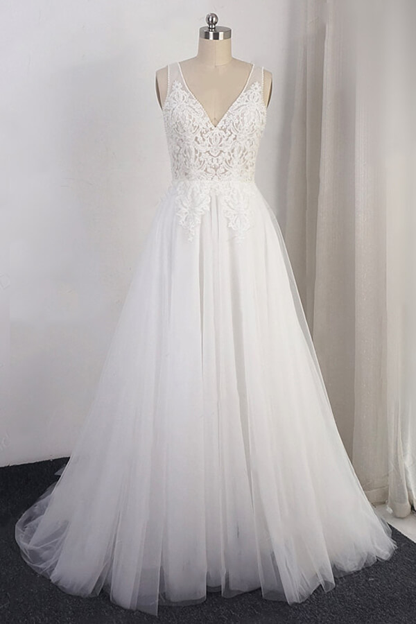 Open Back Appliques Tulle A-line Wedding Dress