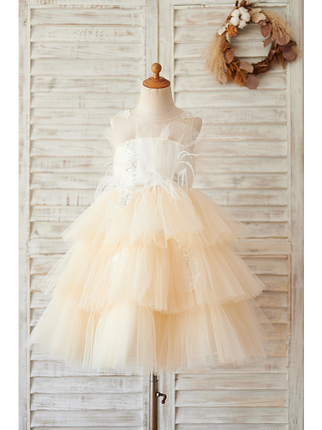 Short Ball Gown Tulle Lace Sleeveless Jewel Neck Flower Girl Dresses with Feathers