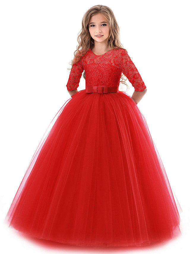 Princess Long Length Wedding / Party / Pageant Flower Girl Dresses - Lace / Tulle Half Sleeve Jewel Neck With Lace / Belt