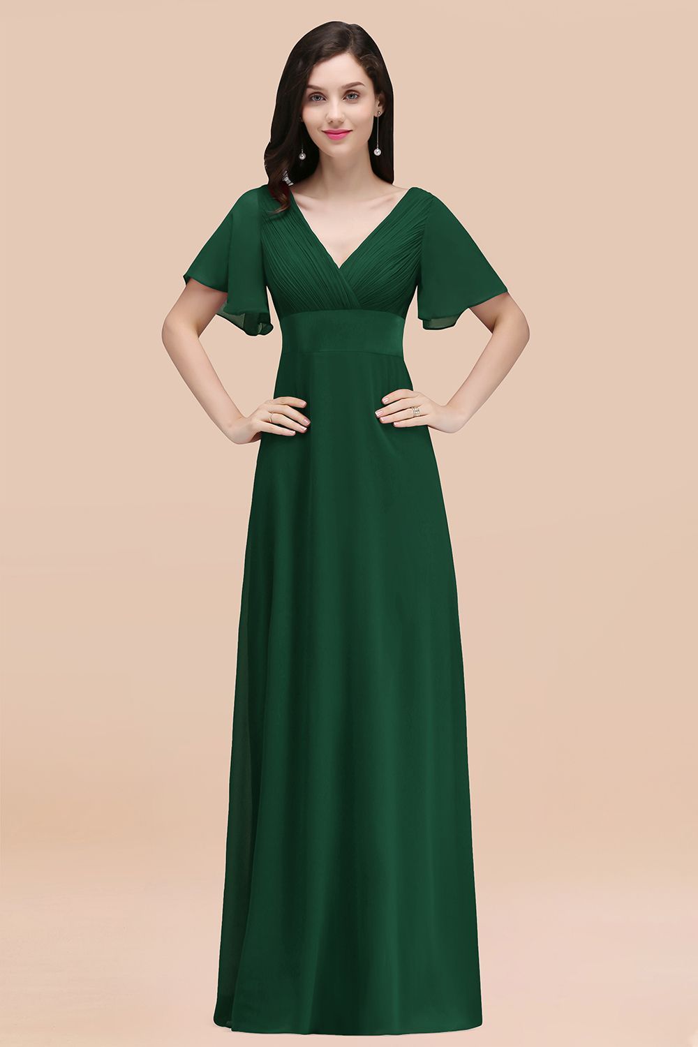 Simple A-Line Chiffon V-Neck Short-Sleeves Ruffles Floor-Length Bridesmaid Dresses