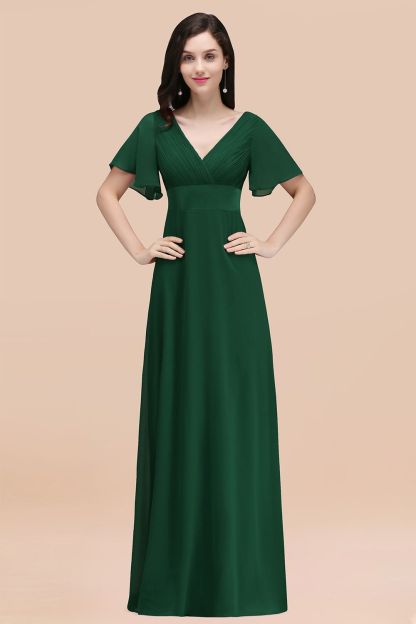 Simple A-Line Chiffon V-Neck Short-Sleeves Ruffles Floor-Length Bridesmaid Dresses