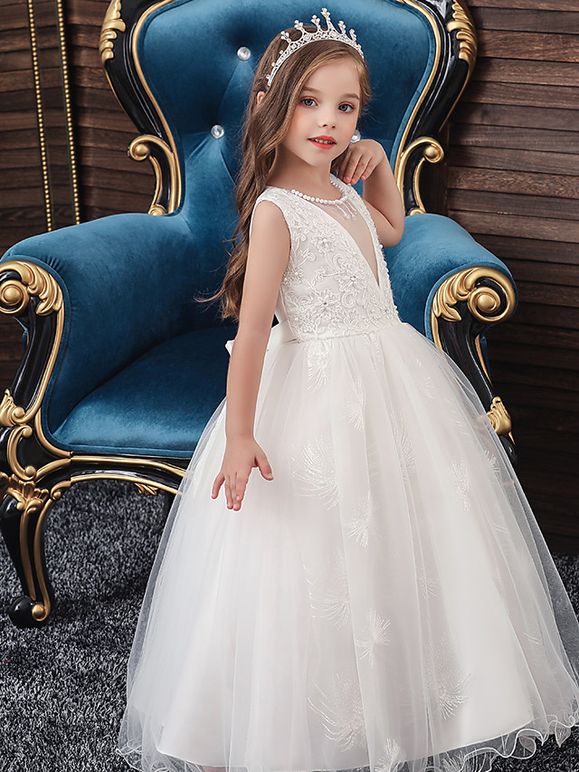 A-Line Medium Length Wedding / Party / First Communion Flower Girl Dresses - Tulle / Matte Satin / Poly&Cotton Blend Sleeveless Jewel Neck With Lace / Beading / Solid