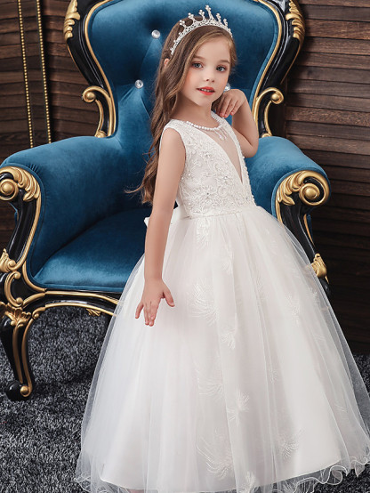 A-Line Medium Length Wedding / Party / First Communion Flower Girl Dresses - Tulle / Matte Satin / Poly&Cotton Blend Sleeveless Jewel Neck With Lace / Beading / Solid