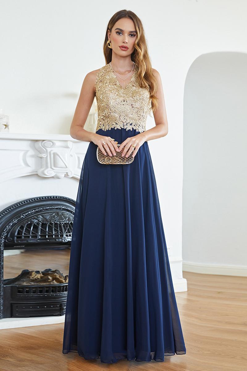 Long Halter Gold Lace Appliques A-line Chiffon Formal Evening Dress