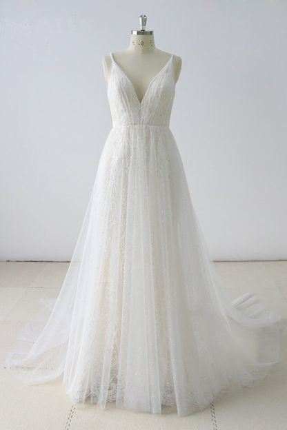 Simple White A-line Lace V Neck Long Spaghetti Straps Wedding Dress