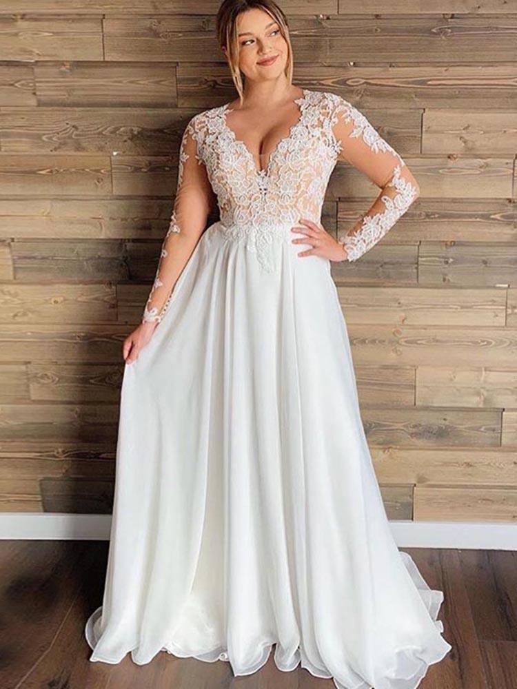 Gorgeous Plus Size A-line V-Neck Long Sleeves Lace Ruffles Wedding Dresses