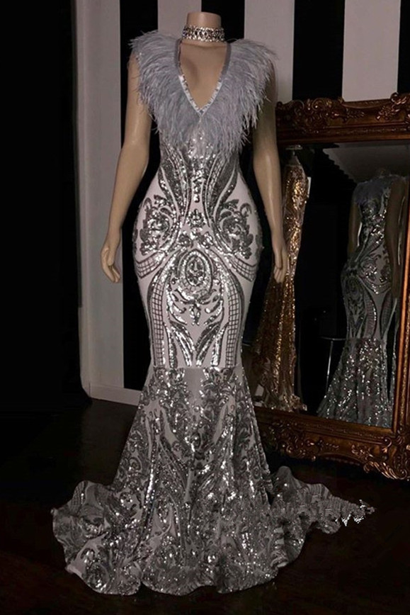 Long V-neck Sleeveless Mermaid Sequins Formal Prom Dresses