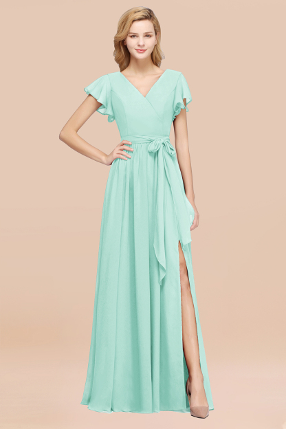 elegant A-line Chiffon V-Neck Short-Sleeves Floor-Length Bridesmaid Dresses with Bow Sash