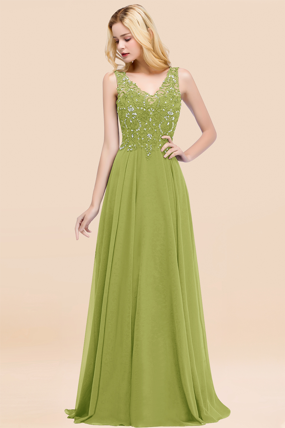 BM0324 Dusty Rose Lace V-Neck Long Bridesmaid Dresses With Appliques