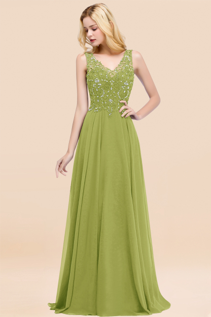 BM0324 Dusty Rose Lace V-Neck Long Bridesmaid Dresses With Appliques