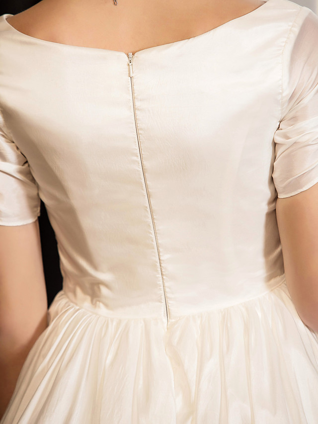 Short A-Line V Neck Tea Length Taffeta Wedding Dresses with Short Sleeve