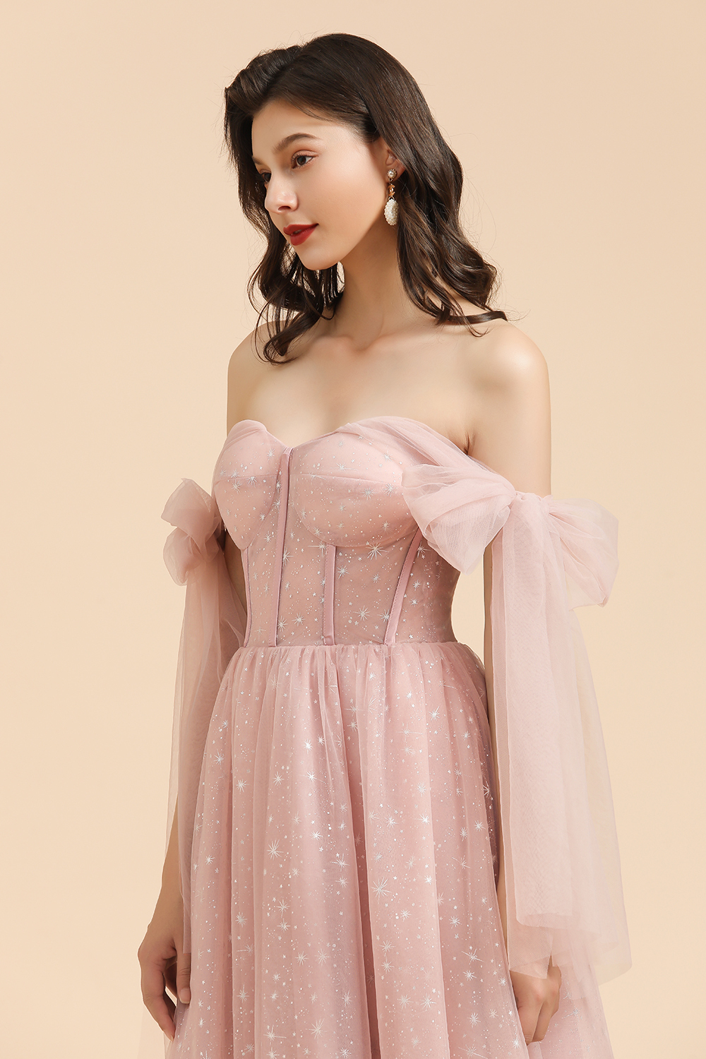 A-line Pink Off The Shoulder Bow Tulle Floor Length Bridesmaid Dress