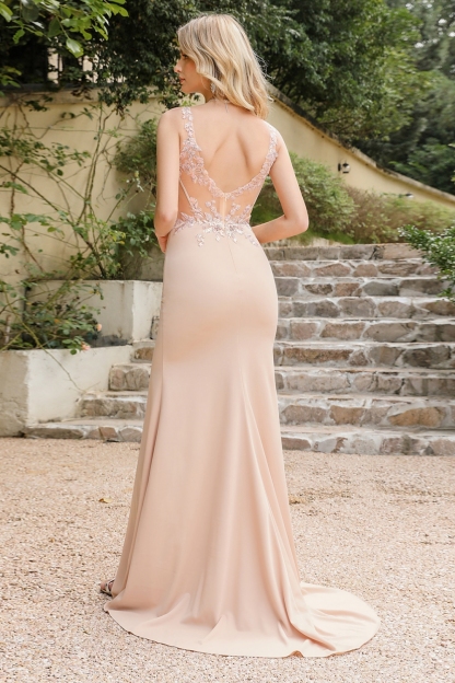 Charming Long Sleeveless Lace Appliques Mermaid Side Slit Prom Dress
