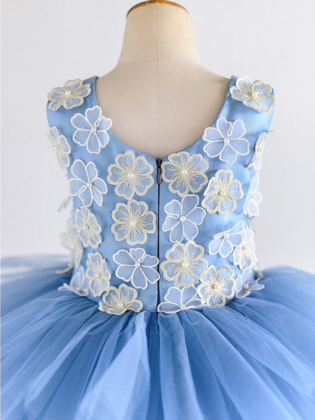 Ball Gown Asymmetrical Wedding / Birthday / Pageant Flower Girl Dresses - Satin / Tulle Sleeveless Jewel Neck With Petal / Pearls