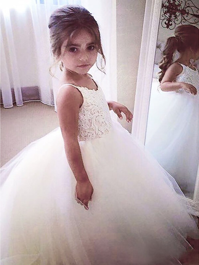 A-Line Floor Length Wedding / First Communion / Pageant Flower Girl Dresses - Satin / Tulle Sleeveless Jewel Neck With Appliques