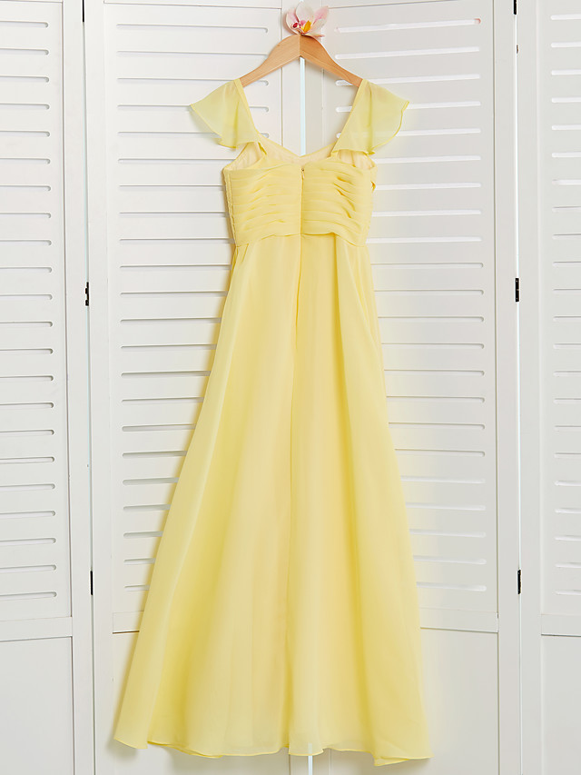 A-Line Square Neck Floor Length Chiffon Junior Bridesmaid Dress With Ruffles / Ruching
