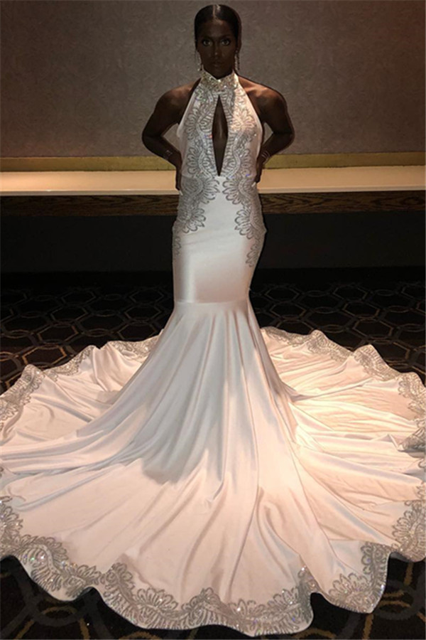 Chic Halter Appliques Mermaid Prom Dress