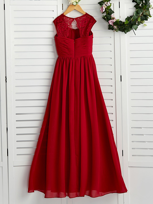 A-Line Square Neck Floor Length Chiffon Junior Bridesmaid Dress With Lace / Ruching